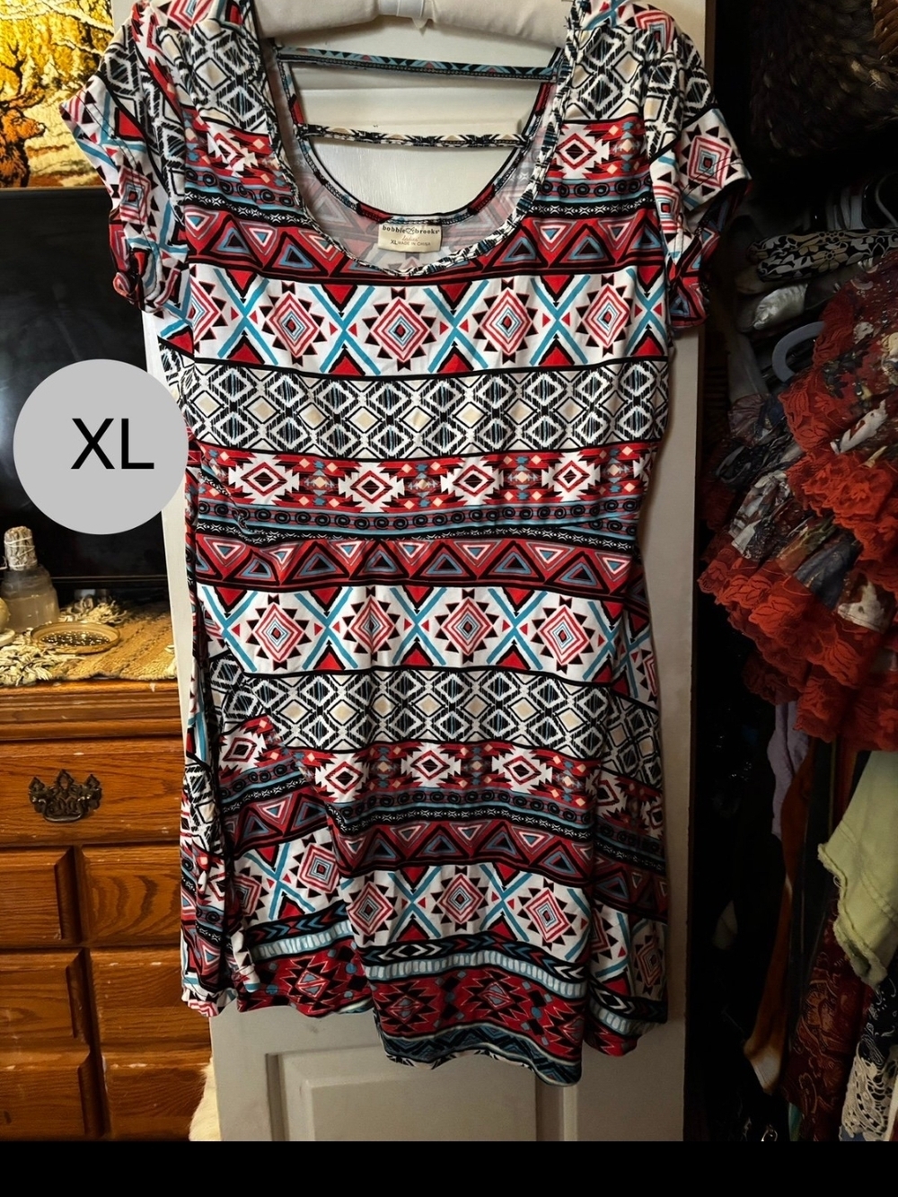 Bobbie Brooks Aztec Print Mini Dress in Red, Black & Teal